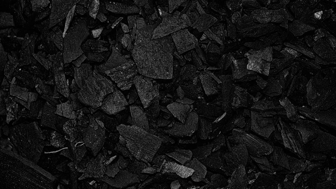 An overhead field of broken black charcoal chunks filling the frame, matte faces with fine pale grain catching a soft top light