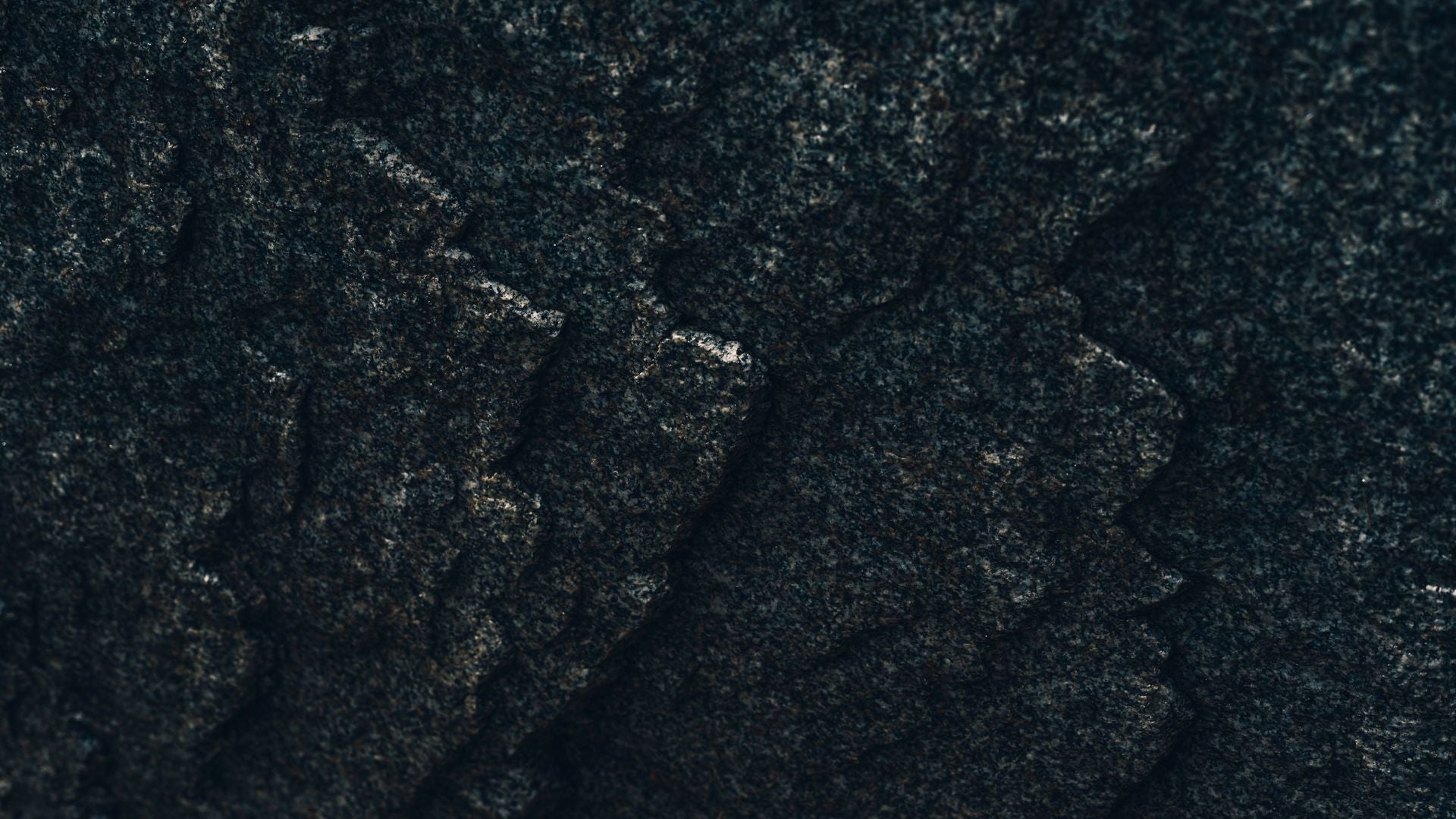 A close view of a dark speckled granite face broken into stepped angular ledges, with pale mineral flecks catching the light along the edges