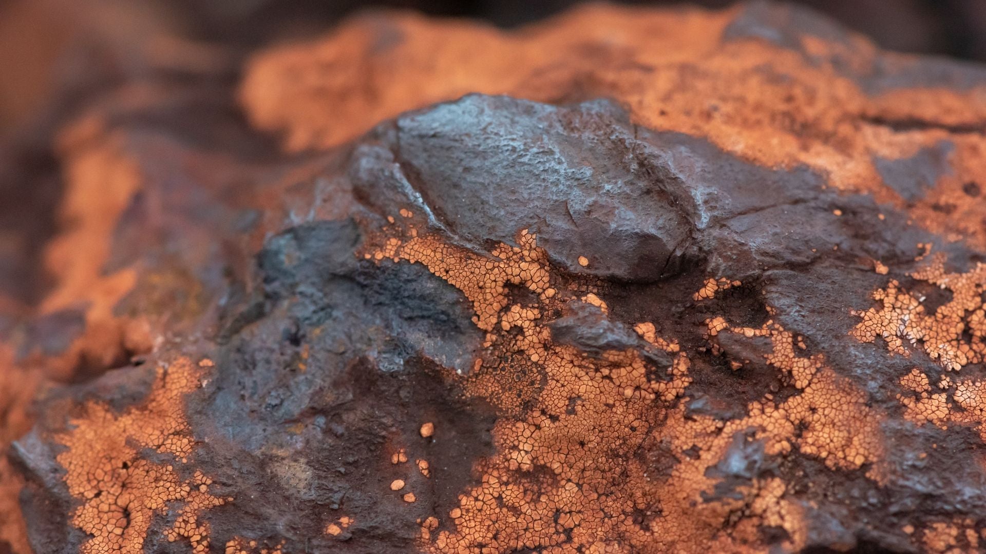 Close-up of a rusted iron ore mass, dark blue-gray metal showing through a cracked orange oxide crust