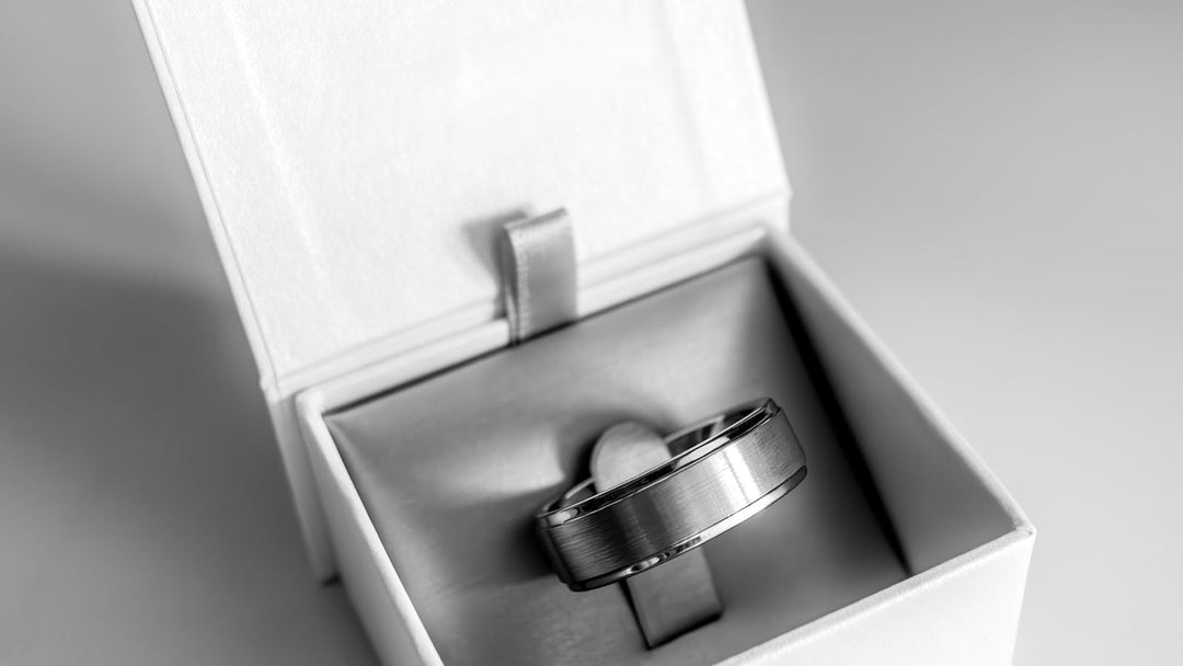 6mm vs 8mm ring — brushed silver tungsten band in white display box — FoundryCut