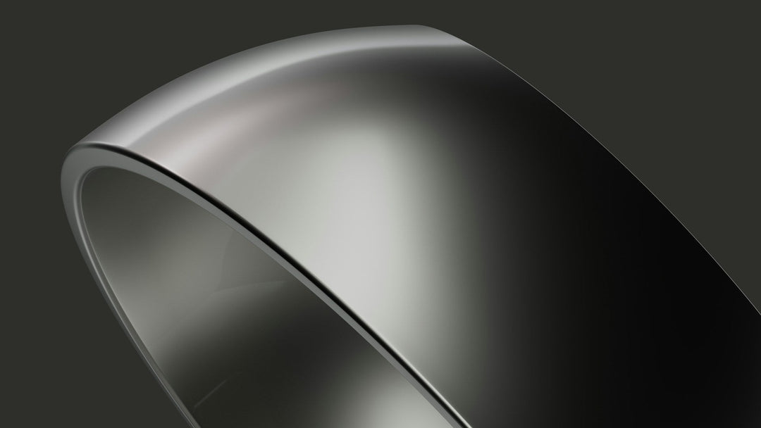 Extreme close-up render of a domed silver-tone ring with a polished edge against a dark olive background