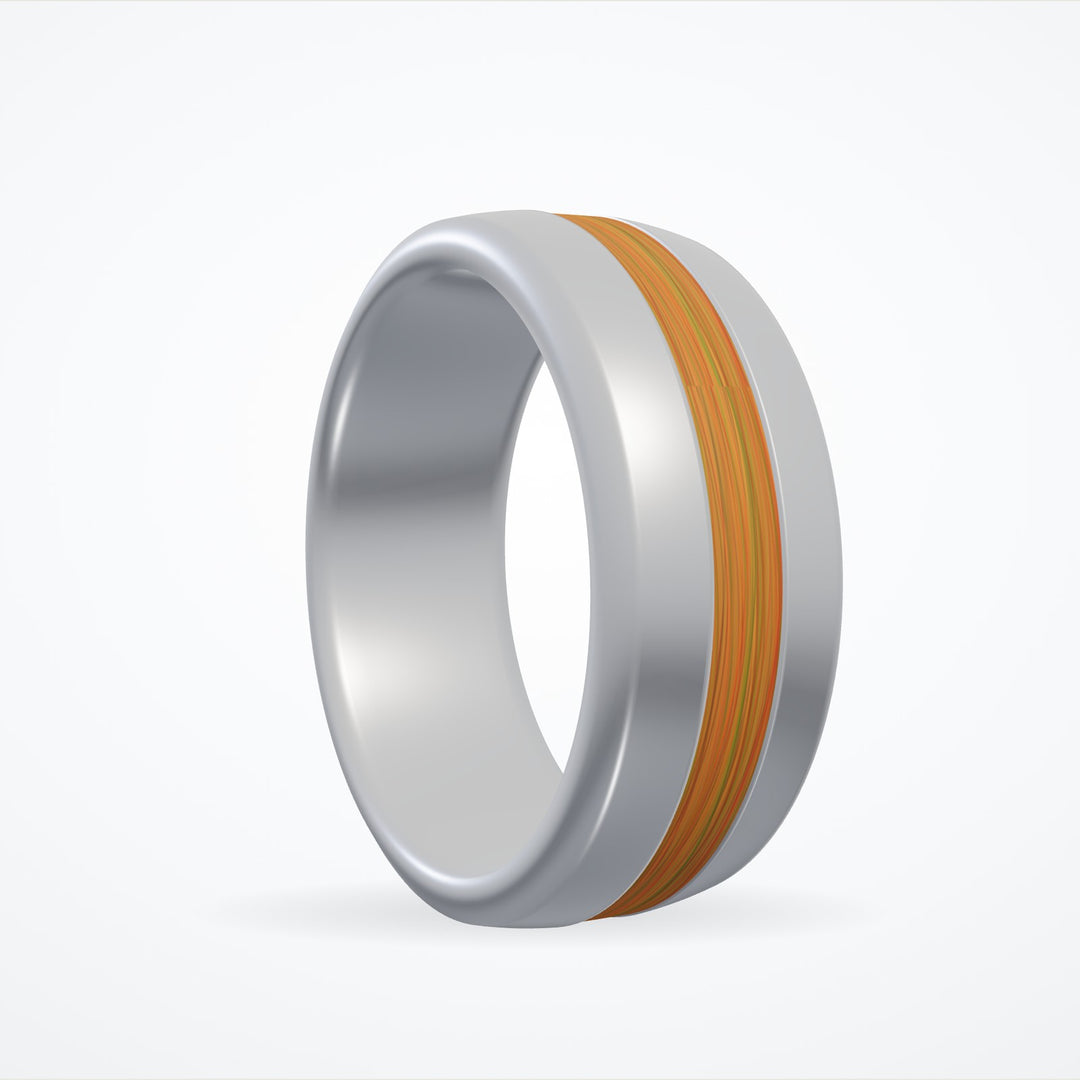 Forge custom ring — silver tungsten with koa wood inlay, designed in The Forge