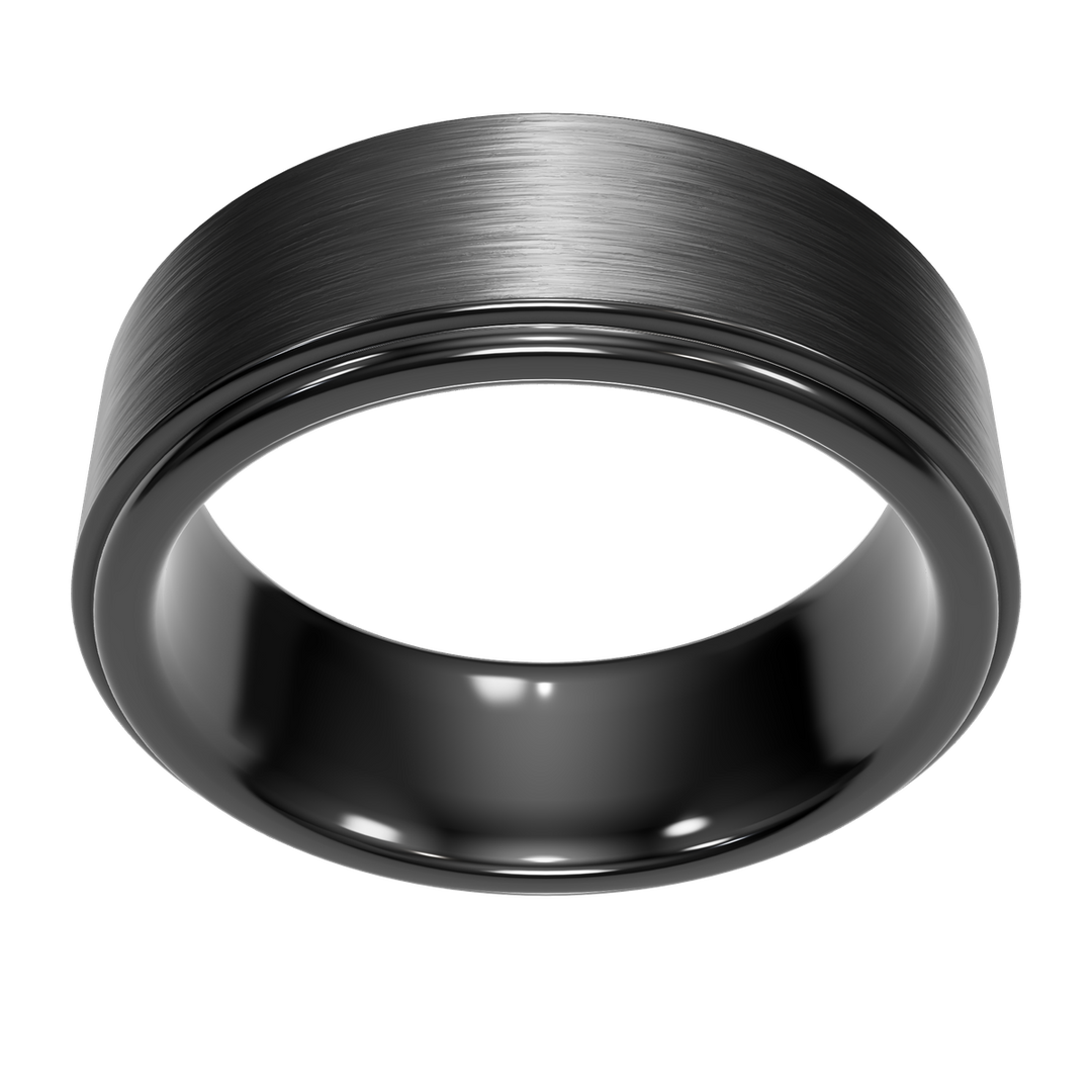 Monolith tungsten wedding band — overhead view