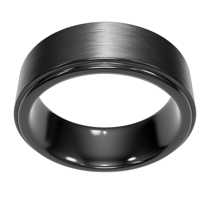 Monolith tungsten wedding band — overhead view