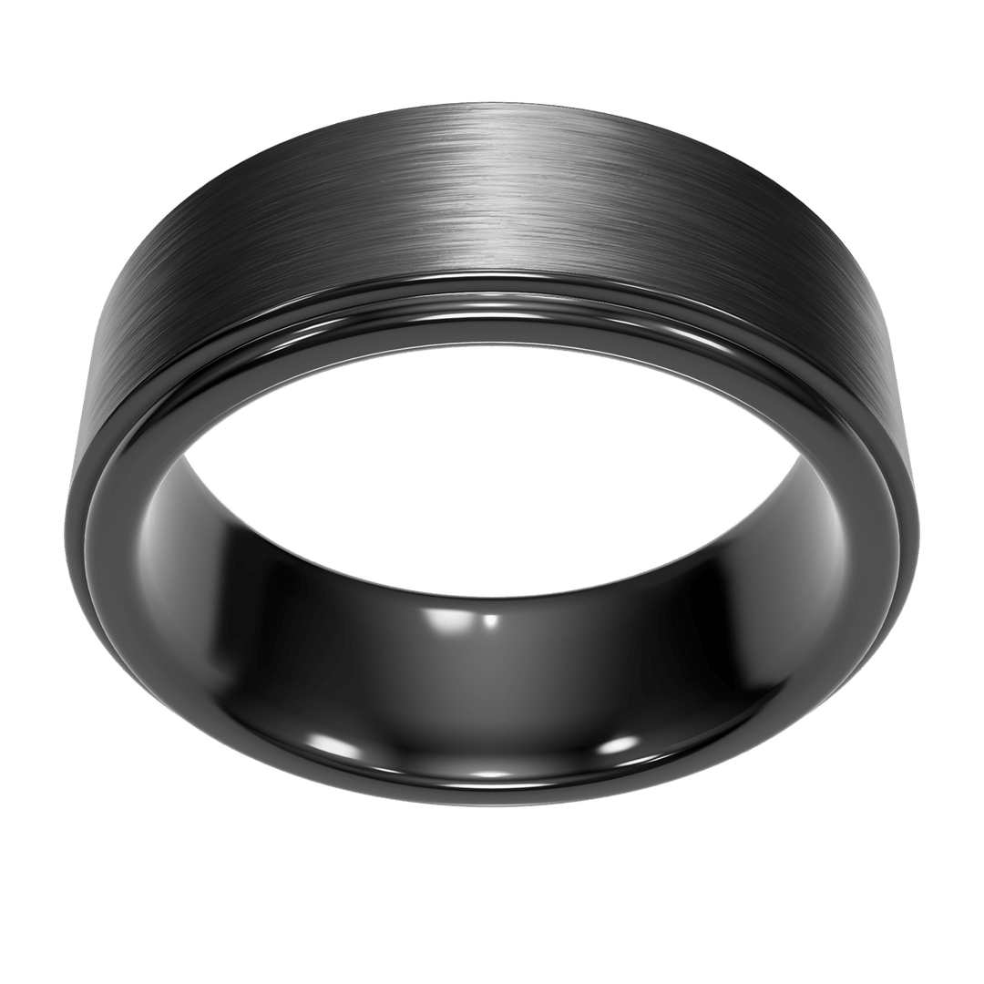 Monolith tungsten wedding band — overhead view
