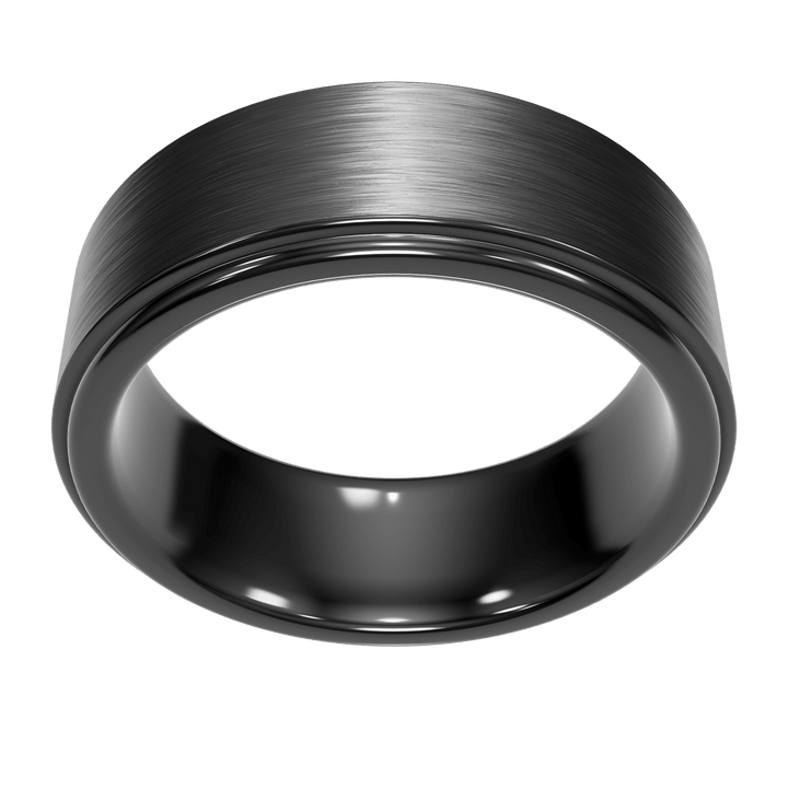 Monolith tungsten wedding band — overhead view