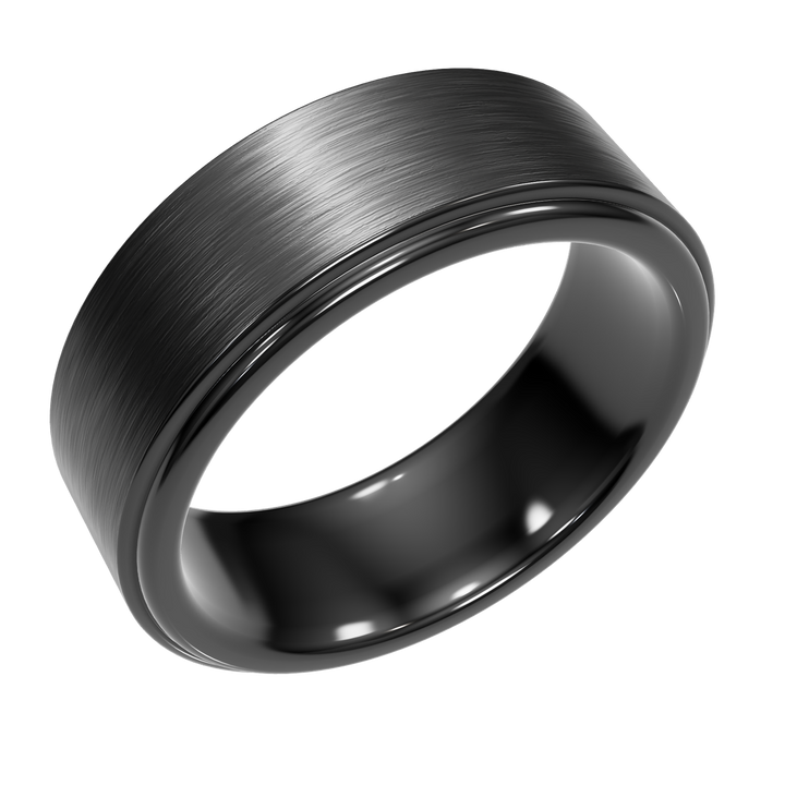 Monolith black matte tungsten wedding band with beveled edges