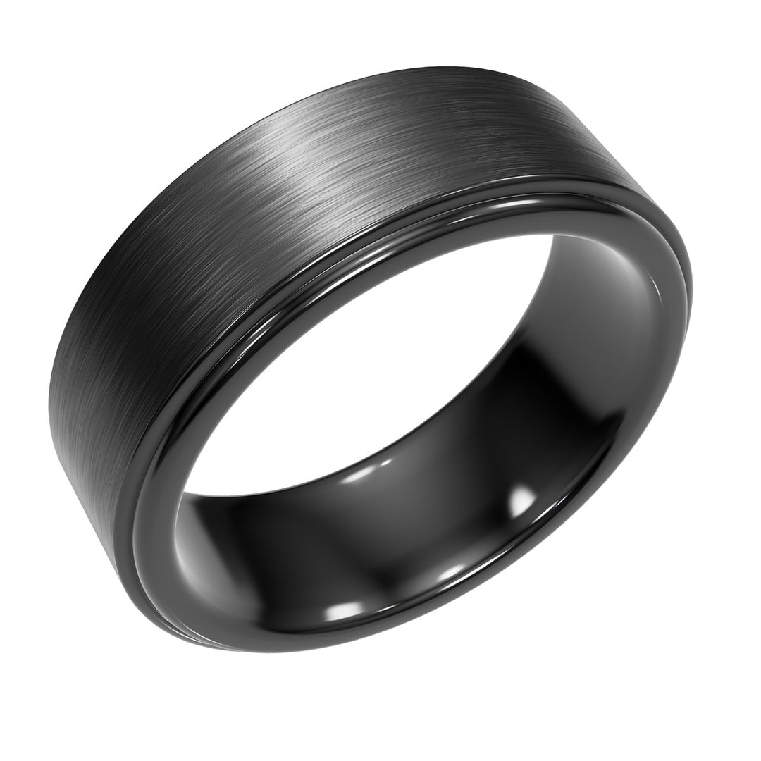 Monolith black matte tungsten wedding band with beveled edges