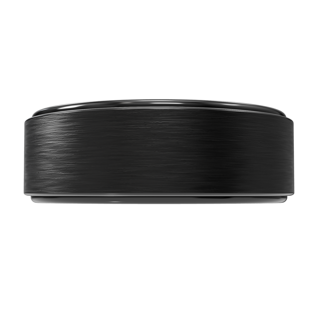 Monolith tungsten wedding band — beveled edge detail