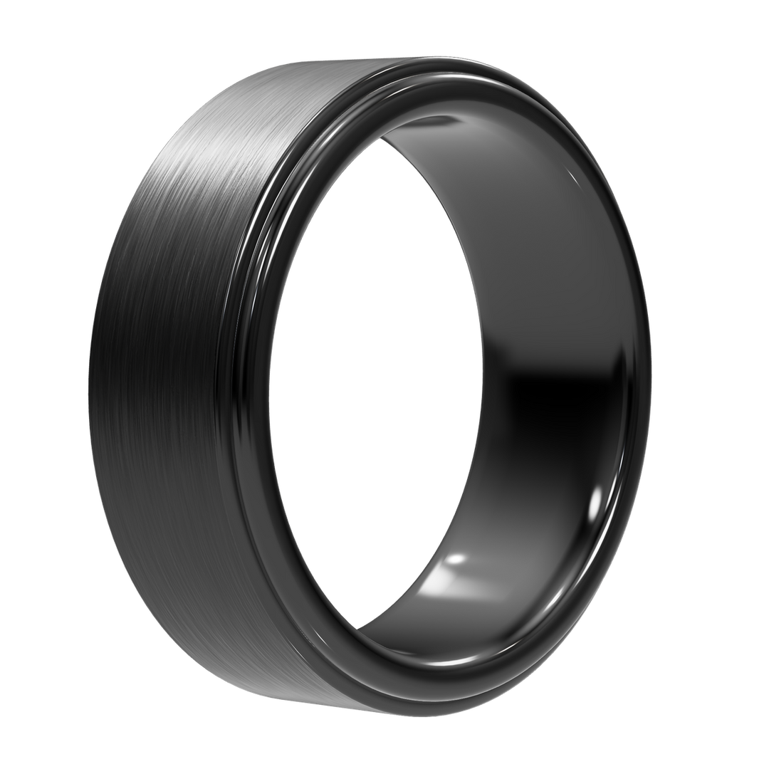 Monolith tungsten wedding band shown upright