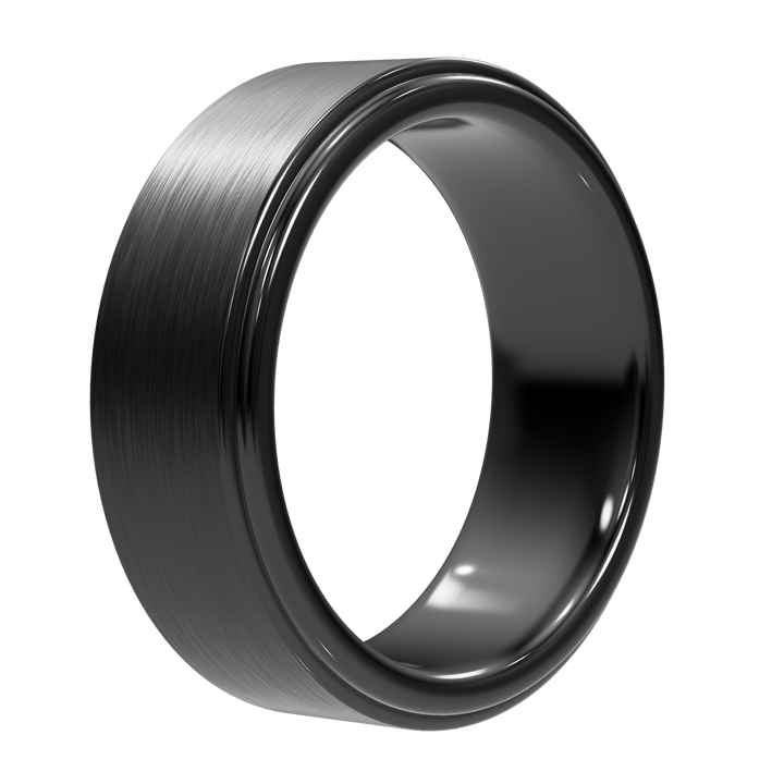 Monolith tungsten wedding band shown upright