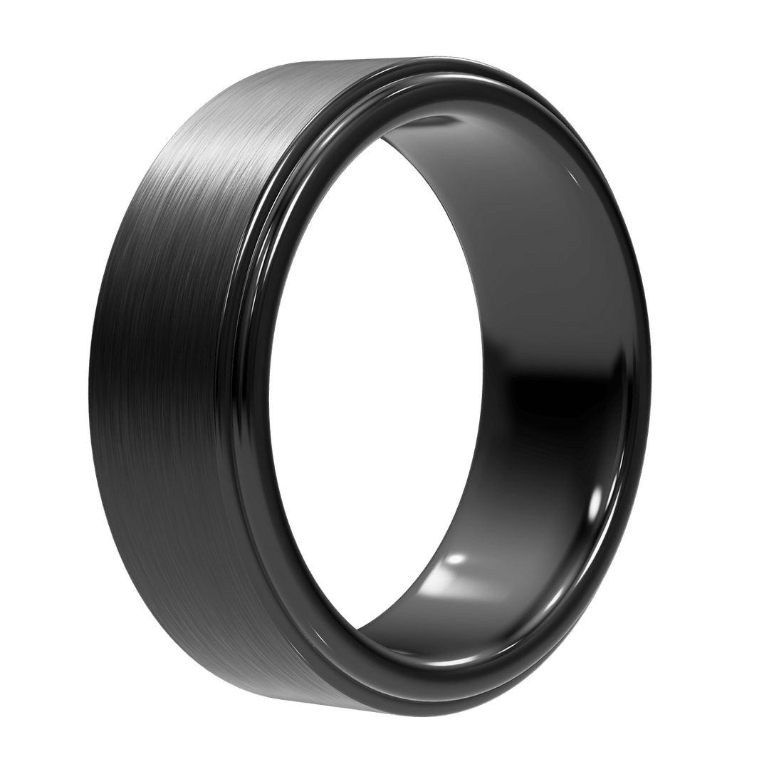 Monolith tungsten wedding band shown upright