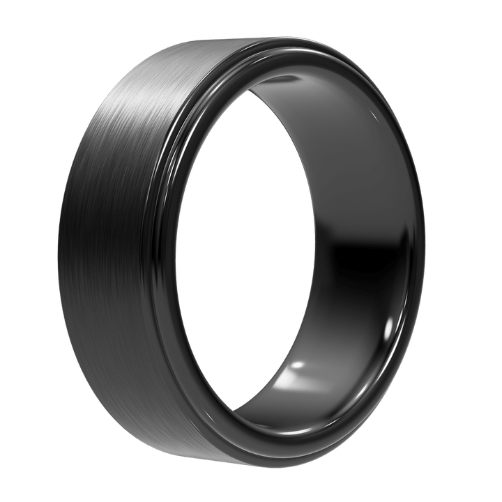 Monolith tungsten wedding band shown upright